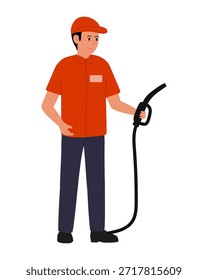 Man in red shirt and baseball caps and blue pants holding gas pump nozzle. Flat vector illustration at gas station