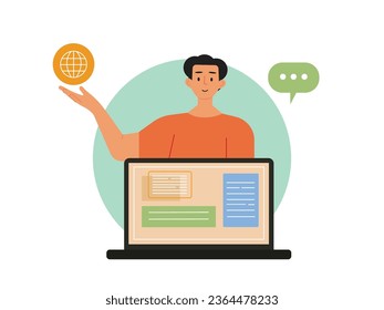 Man in red shirt behind laptop with screen, analyzing target blog market data and internet. Character design. Vector flat illustration