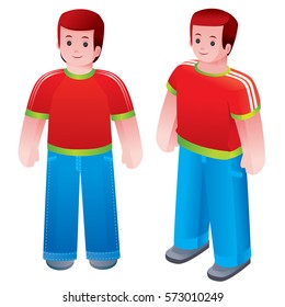 a man in a red shirt and blue jeans. Vector