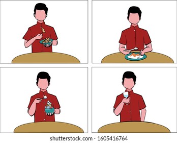 A Man in red shirt are eating variety of food. dessert rice icecream and drinking water.