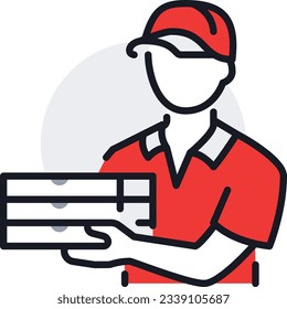 a man in a red shirt holding a box and a red cap