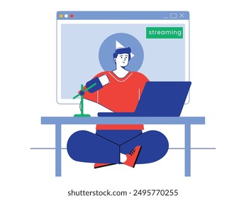 El hombre en camisa roja está transmitiendo en vivo con computadora portátil y micrófono, actividad de creador de contenido. Diseño de personajes. Ilustración plana de Vector