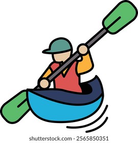 A man in a red shirt is paddling a canoe. The canoe is blue and green. The man is wearing a hat