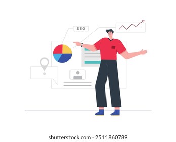 El hombre de camisa roja está preparando la estrategia de la guía de SEO, mejorando. Diseño de personajes. Ilustración vectorial plana