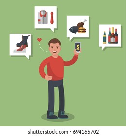Man in red shirt shopping on-line different goods like groceries, shoes and meats. Colored flat-style illustration on green background