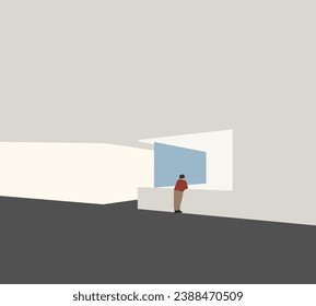 Man in red shirt standing in corridor alone, looking to ground floor in modern building. Minimal design.