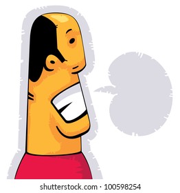 Man in red shirt talking. Speech bubble in front of him