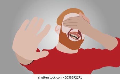 man with red shirt try to stop reliving embarrassing moments by cover his face with hand