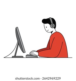 A man in a red shirt working or gaming at a desktop computer. Represents office work, programming, or e-sports. A simple character illustration for tech or business themes.