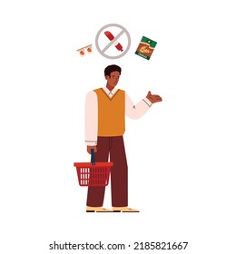 Man with red shopping cart frustrated by the lack of products flat style, vector illustration isolated on white background. Food crisis concept, shortage of goods