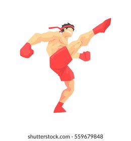 Man In Red Shorts And Gloves Thai Boxing Martial Arts Fighter, Fighting Sports Professional In Traditional Fighting Sportive Clothing