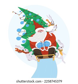 Man in a red suit with a beard rides on a sled. Hares in coats. The Christmas tree is decorated with lights and balls. Flat vector illustration, eps10