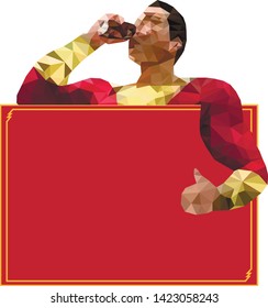 A man in a red suit drinks from an iron bottle and shows thumb up. He is holding a sign with space for text. Vector.