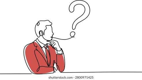 Man in red suit thinking with a large question mark above his head on white background doubt