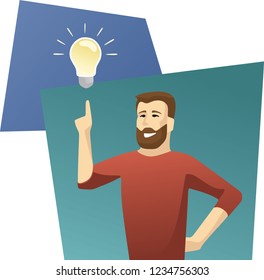 Man in red sweate with idea bulb. Flat design. Vector illustration