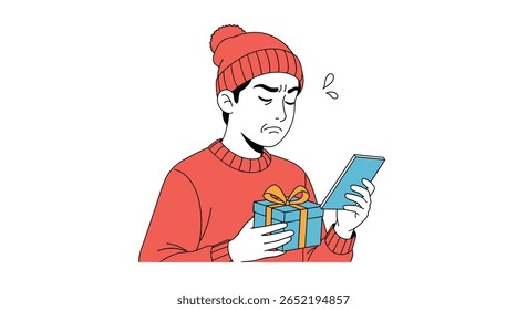 Man in Red Sweater and Beanie Holds Gift Box and Smartphone Looking Unhappy