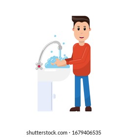 A man in a red sweater and blue jeans on a white background mot mot hands under the tap. Tap water. Personal hygiene. Wash hands with soap. White sink. Bubble. Vector illustration. Isolated.