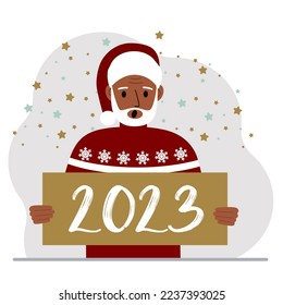 A man in a red sweater and with a cap holds a sign or poster with the numbers 2023. Postcard or greeting Merry Christmas and Happy New Year. Vector flat illustration