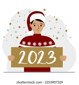 Un hombre con un suéter rojo y una gorra sostiene un cartel o afiche con los números 2023. Postales o saludos Feliz Navidad y Feliz Año Nuevo. Ilustración plana del vector