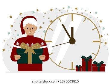 A man in a red sweater and a red cap with a large gift box. 5 minutes before Christmas or New Year.