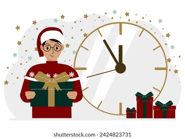 A man in a red sweater and a red cap with a large gift box. 5 minutes before Christmas or New Year.