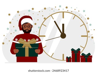 A man in a red sweater and a red cap with a large gift box. 5 minutes before Christmas or New Year. Vector flat illustration.