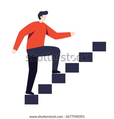 Man in red sweater climbs dark stairs, representing progress and ambition on a white background, conveying a sense of determination.