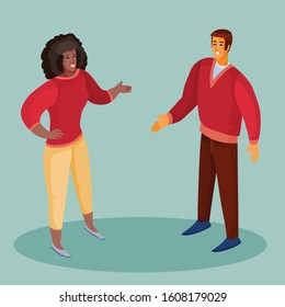 a man in a red sweater holds out his hand to greet an African-American woman, a woman in bright trousers and with dark flowing hair holds out his hand in response, blue background, separate layers