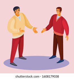 a man in a red sweater holds out his hand for greeting to a man, a man in a light sweater holds out his hand in response, pink background, separate layers, vector illustration