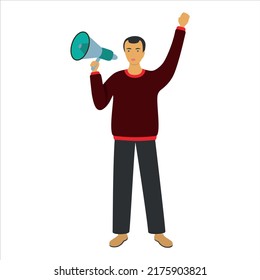 A man in a red sweater with a megaphone in his hand at a rally