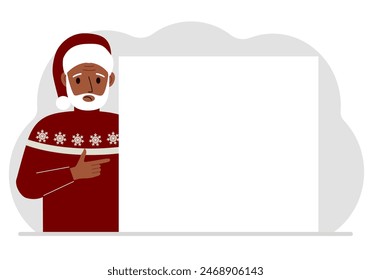 A man in a red sweater near a large white sheet. Advertising, invitation, discount for Christmas or New Year. Vector flat illustration