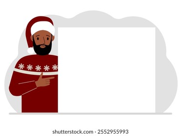 A man in a red sweater near a large white sheet. Advertising, invitation, discount for Christmas or New Year. Vector flat illustration