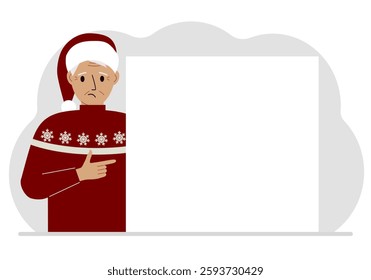 A man in a red sweater near a large white sheet. Advertising, invitation, discount for Christmas or New Year. Vector flat illustration