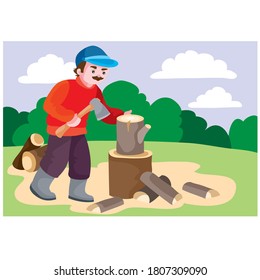 a man in a red sweater pricks a stump on the firewood with an ax, picnic, raota around the house, cartoon illustration, vector, eps