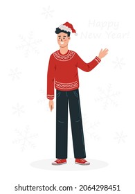 man in red sweater and santa hat celebrating christmas, happy new year, cheerful vector illustration 