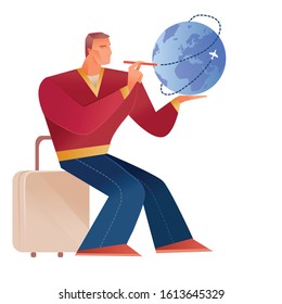 man in a red sweater sitting on a suitcase and holding a globe around which the plane is flying, isolated object on a white background,