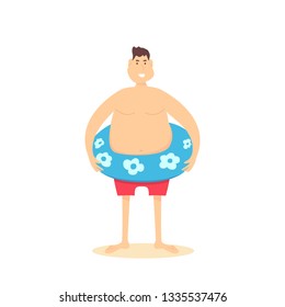 Man in red swimming trunks with blue lifebuoy isolated on white background, illustration.