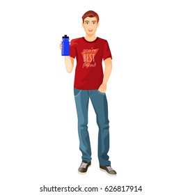 Man in red t-shirt and blue jeans with plastic flask with water vector illustration isolated on white. Member of big family