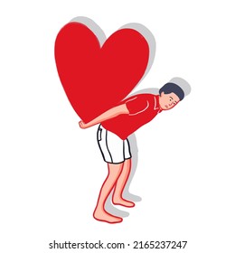 a man in a red T-shirt carries a big heart on his back. White background. vector illustration
 svg