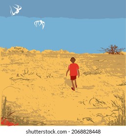 A man in a red T-shirt walks through the desert, above him is a blue sky
