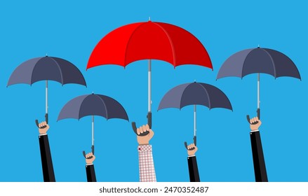 Man with red umbrella in the crowd with grey umbrellas. Human diversity, uniqueness and individuality. Concept of difference. Vector illustration in flat style