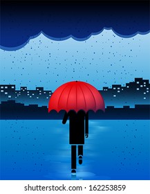 Man with red umbrella in the rain