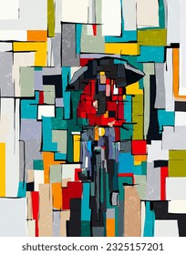 Man in red, with umbrella riding on bicycle. Abstract art composition, vector design