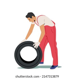 Man in Red Uniform Holding Tire for Mount or Change. Service Station Staff, Auto Mechanic Character, Diagnostics and Repair. Auto, Checking, Maintenance and Fixing. Cartoon People Vector Illustration