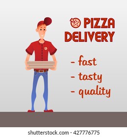 Man in red uniform with pizza boxes. Vector illustration "Pizza delivery". Cartoon style. Easy to edit. For fast food business.