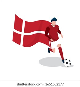 Man in red uniform plays football. Denmark team. Championship tournament. Vector illustration. 
