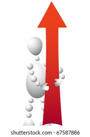 Man with red up-arrow. Abstract 3d-human series from balls. Variant of white isolated on white background. A fully editable vector illustration for your design.