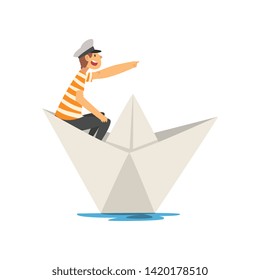 Man in Red White Striped T-Shirt Boating on River, Lake or Pond in Paper Boat Vector Illustration