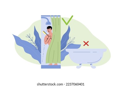 Man is reducing usage of water by showering short time. Sustainable lifestyle. Flat vector illustration.