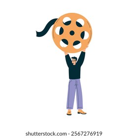 Man with Reel at Shooting Film Movie Production Scene Vector Illustration